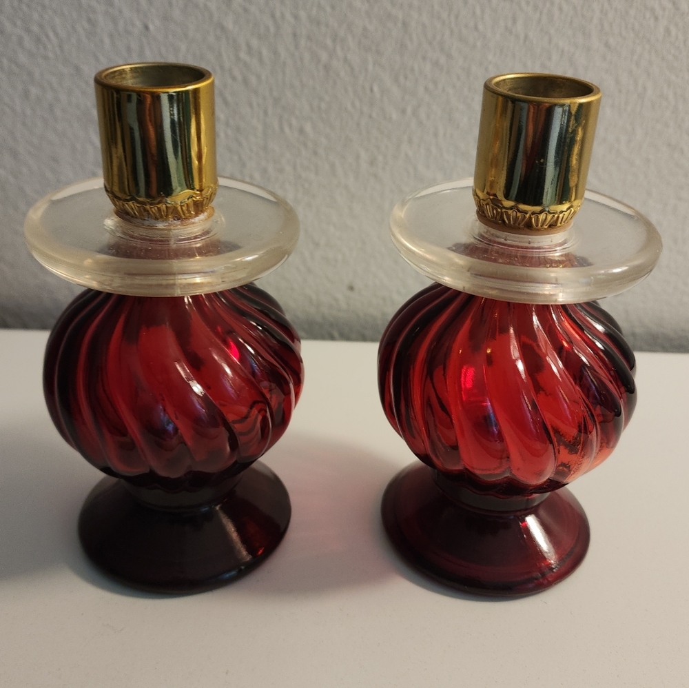 Set Of 2 Avon Candlestick Bird of Paradise EMPTY Cologne Ruby Red Bottles